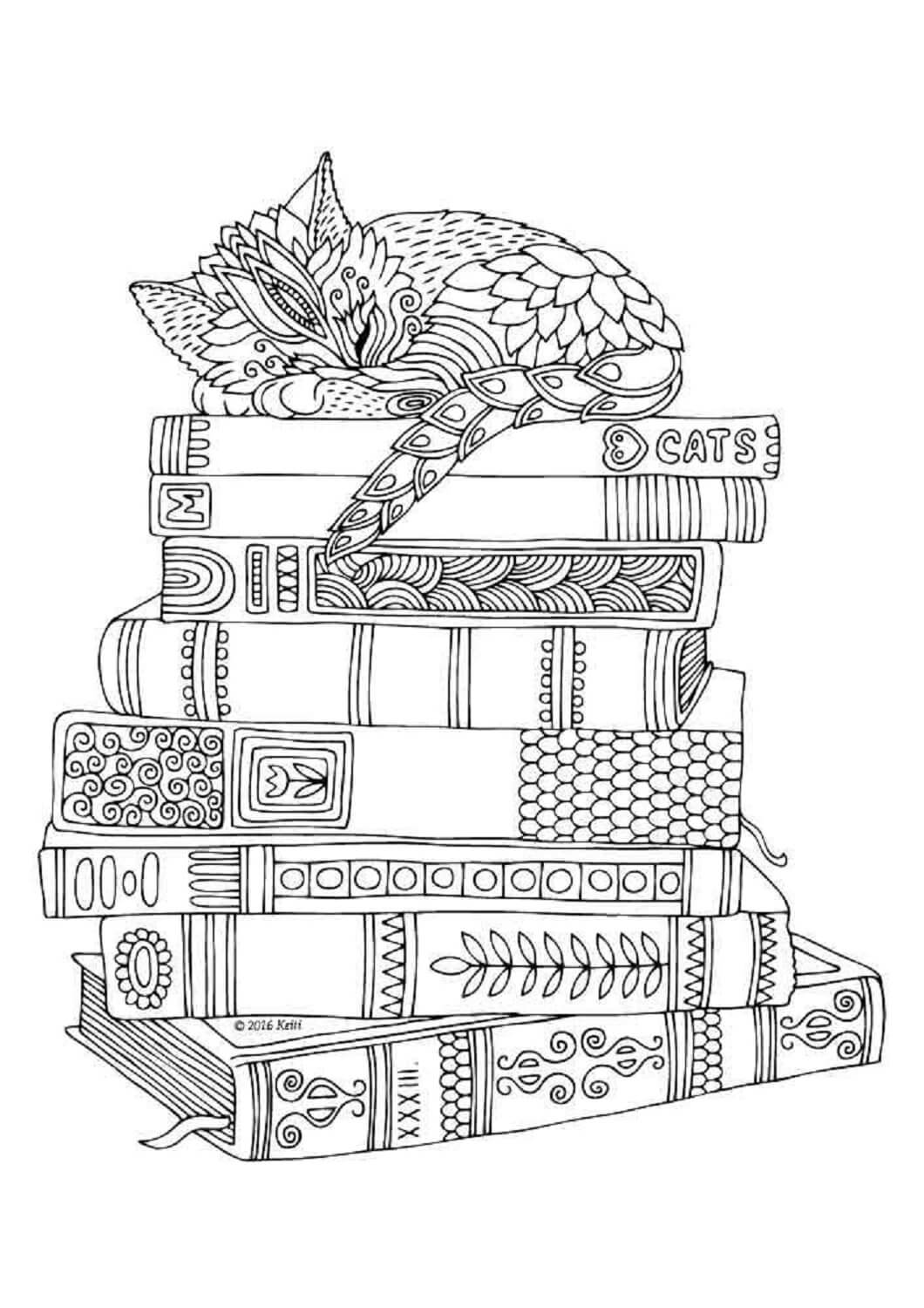 Mandala Cat Sleeping on Books Coloring Page Mandala