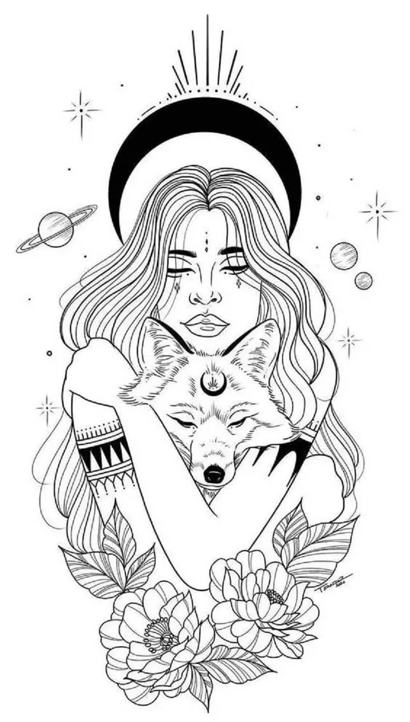 Mandala Girl Hugging Wolf Coloring Page Mandala