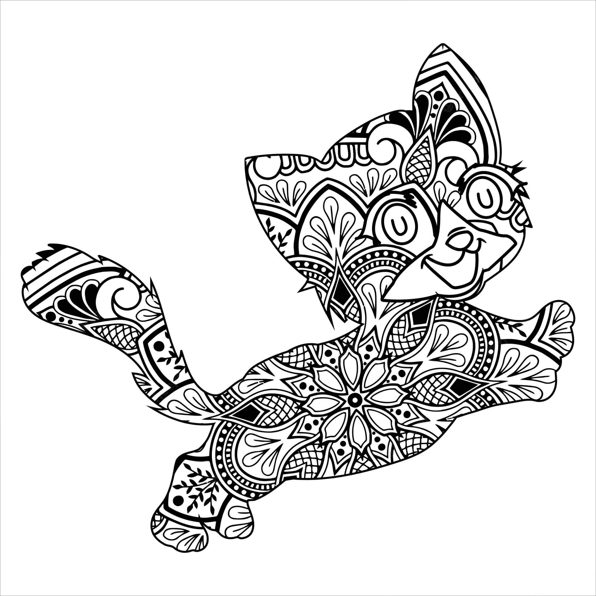 Mandala Little Cat Jumping Coloring Page Mandala