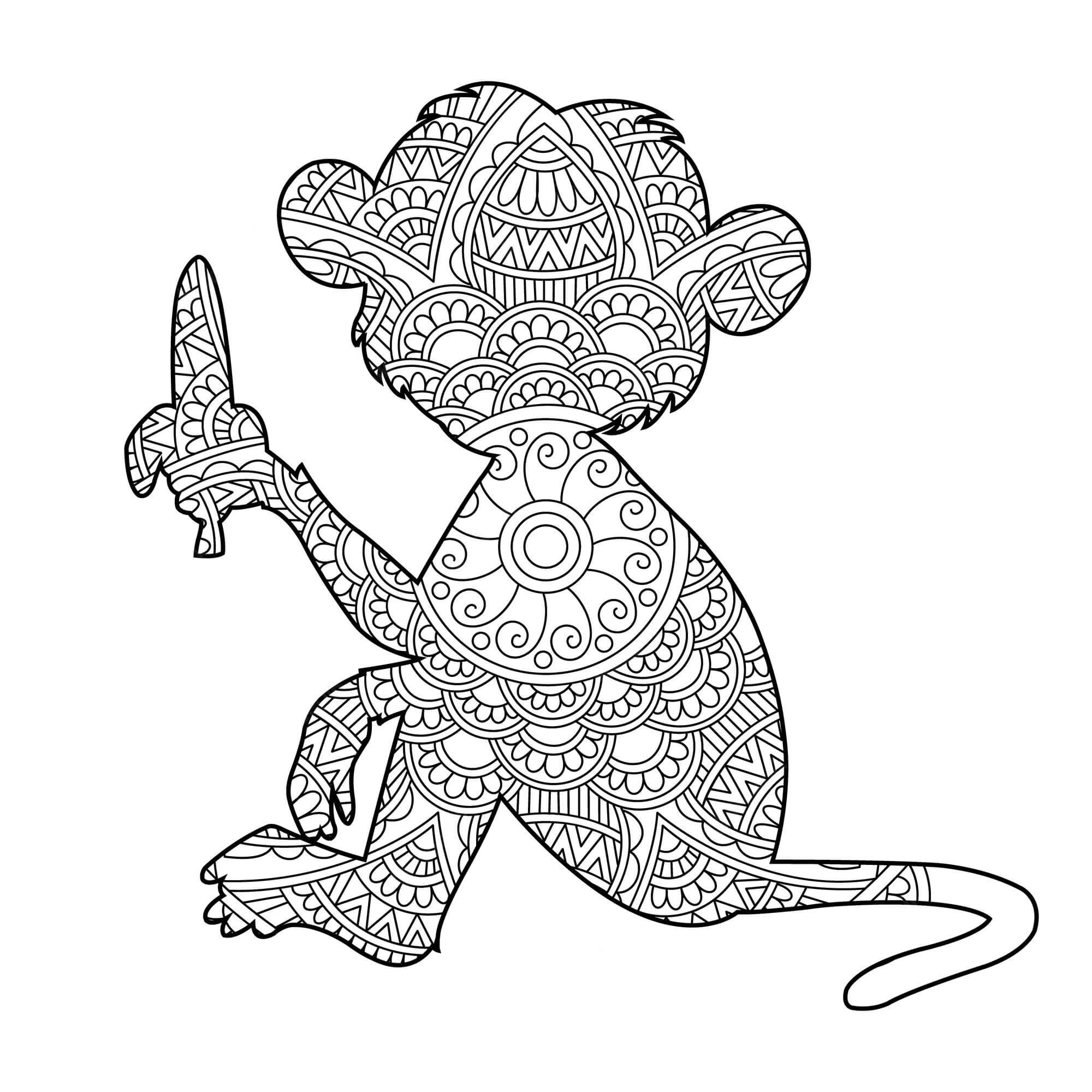 Mandala Little Monkey Holding Banana Coloring Page Mandalas