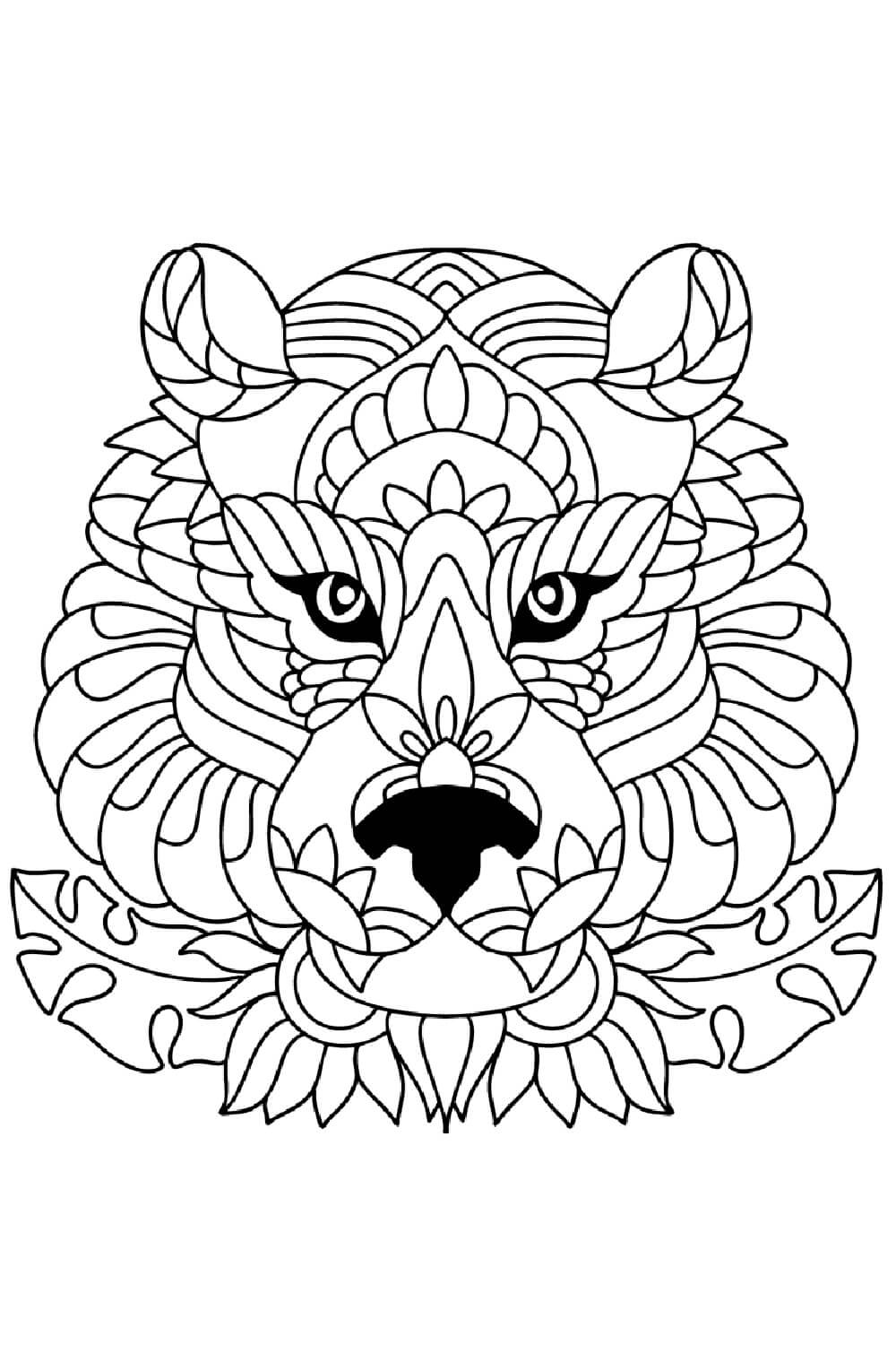 Mandala Tiger Head With Leaves Coloring Page Mandala