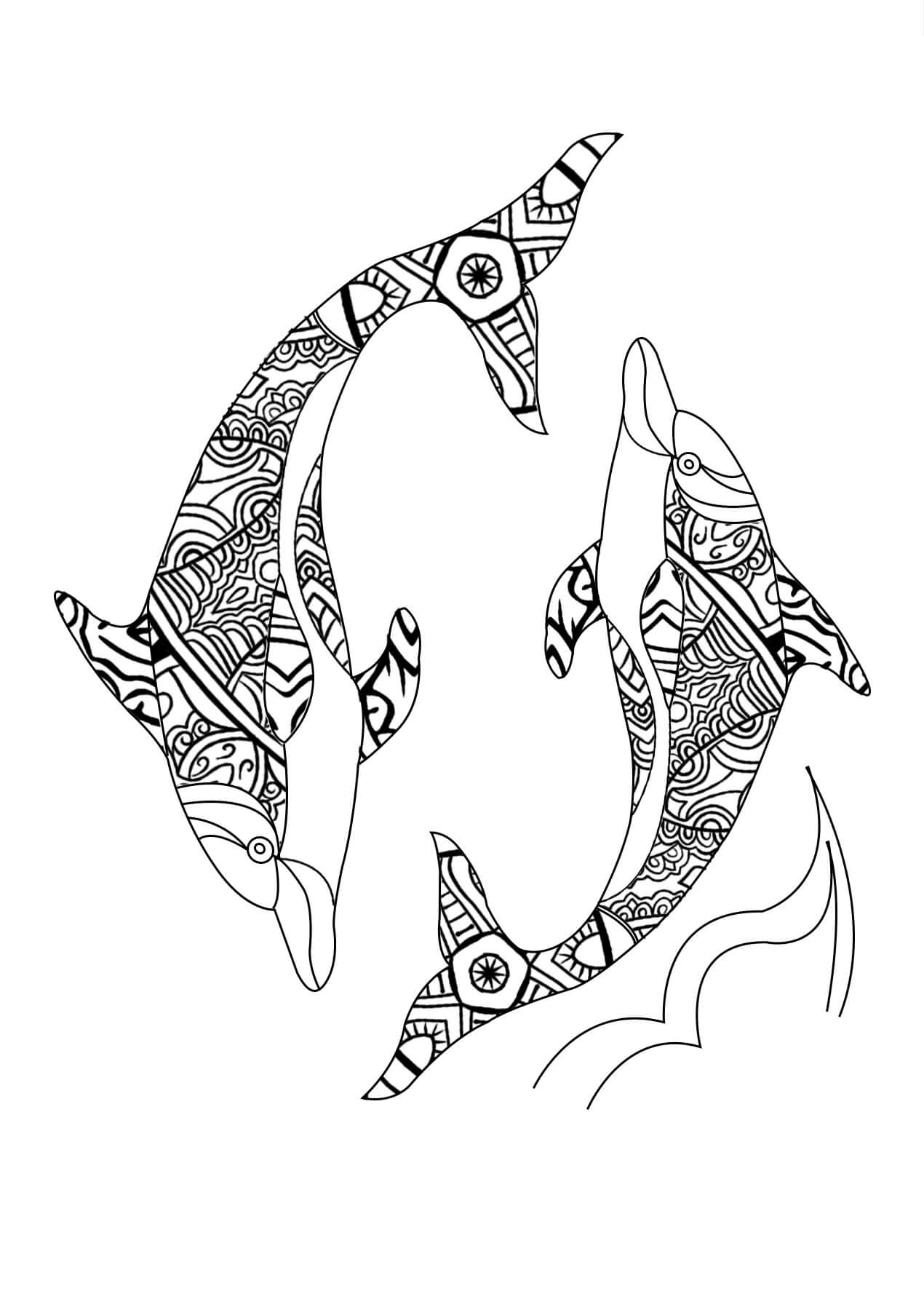 Mandala Two Dolphins Swimming Coloring Page Mandalas