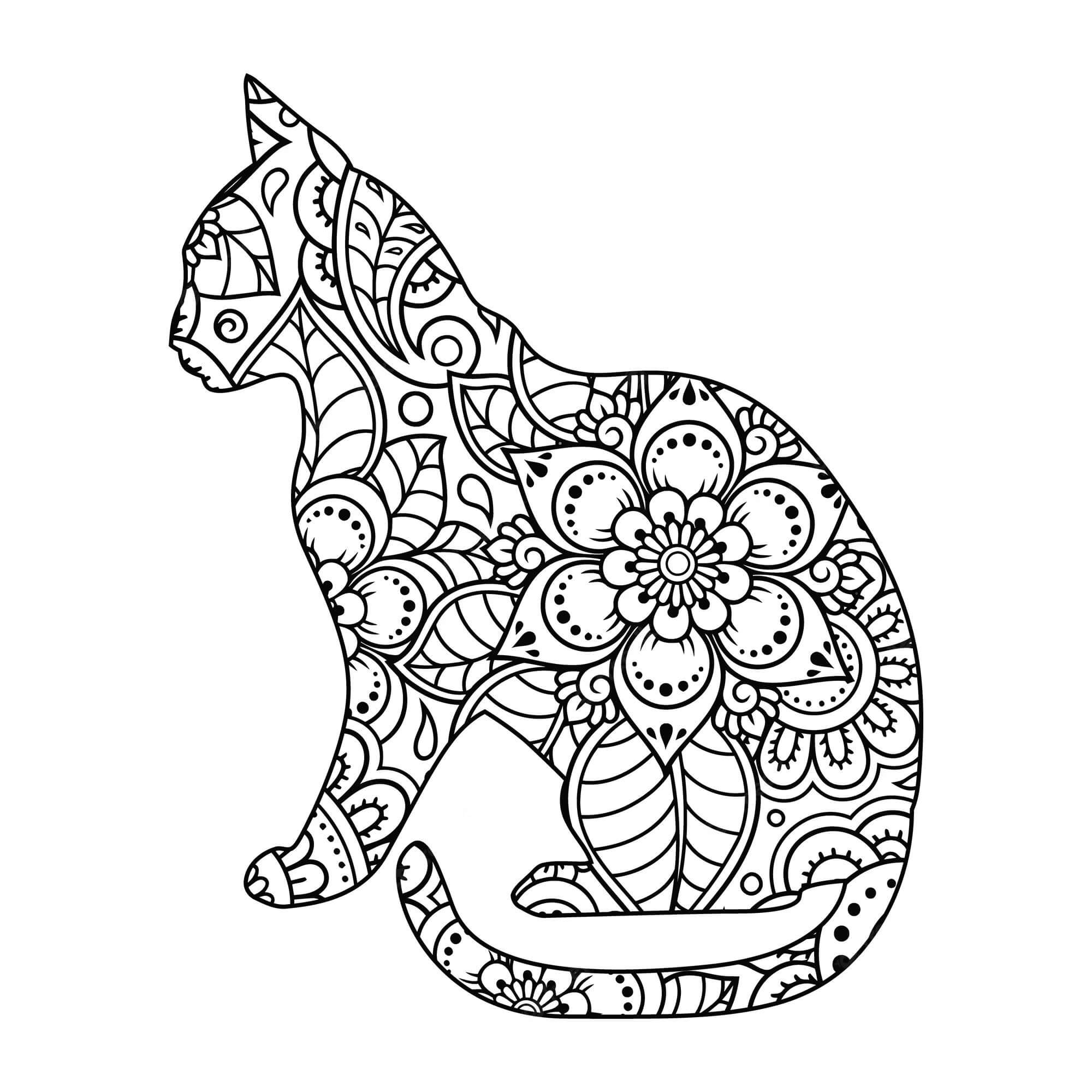 Coloriage Mandala: Chat Feuille 3 Mandalas