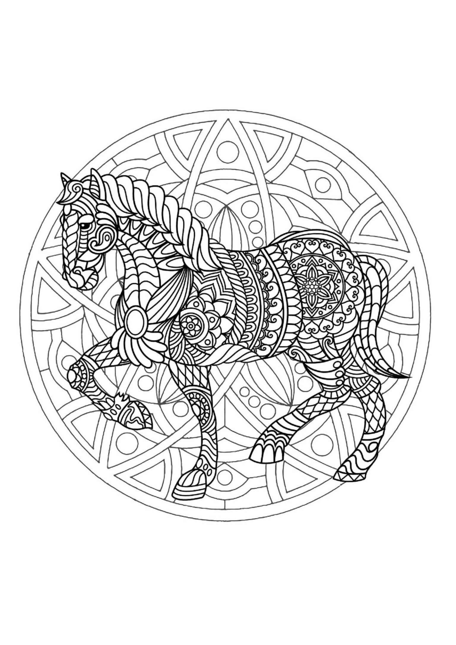 Coloriage Mandala: Cheval Feuille 7 Mandalas
