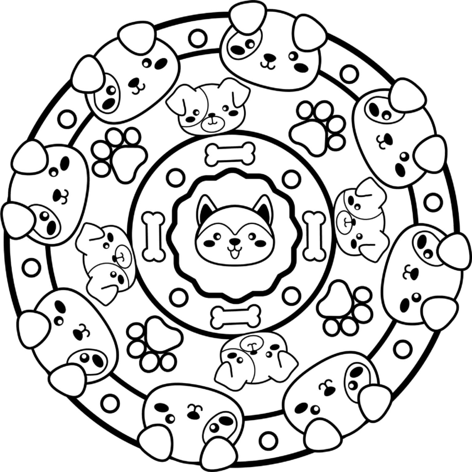 Coloriage Mandala: Chien kawaii Mandala
