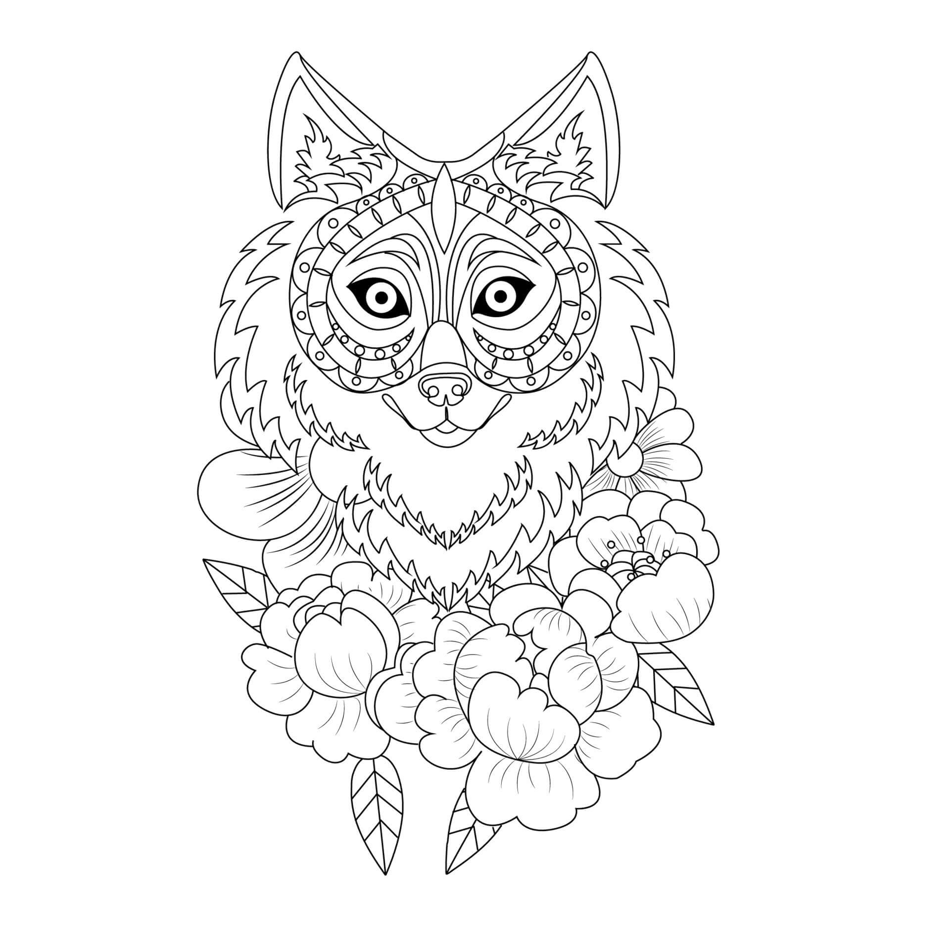Coloriage Mandala: Loup avec fleurs Mandala