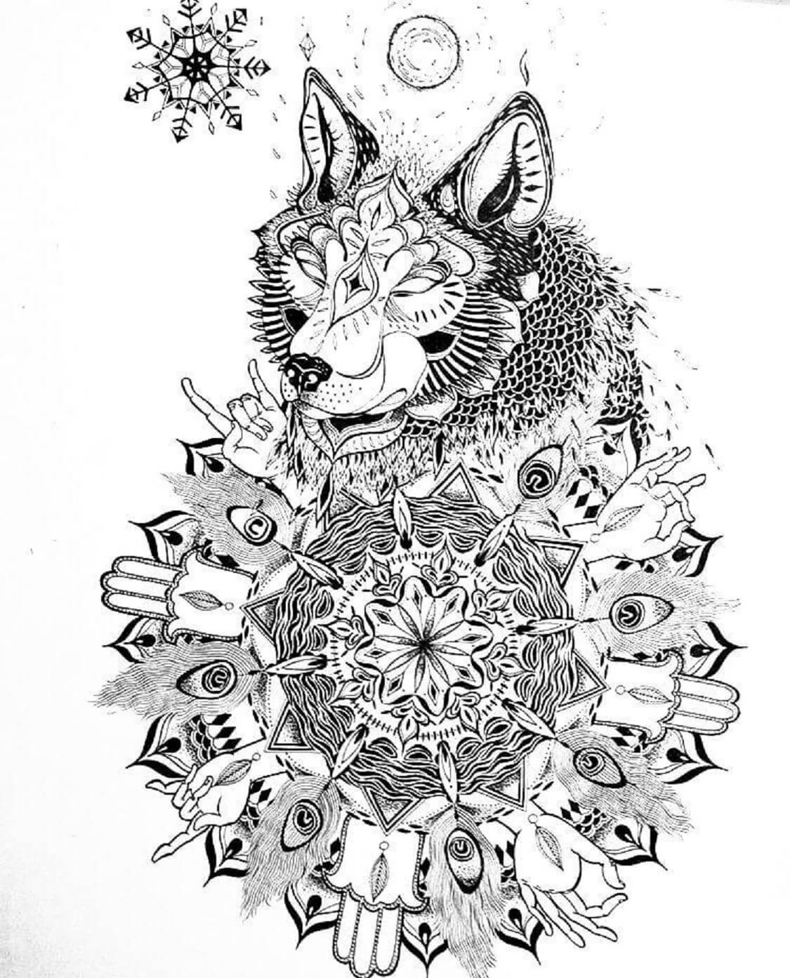 Coloriage Mandala: Loup Feuille 7 Mandalas