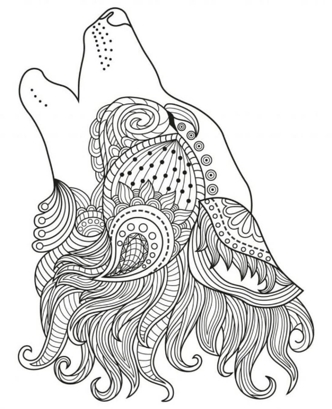 Coloriage Mandala: Loup hurlant Mandala