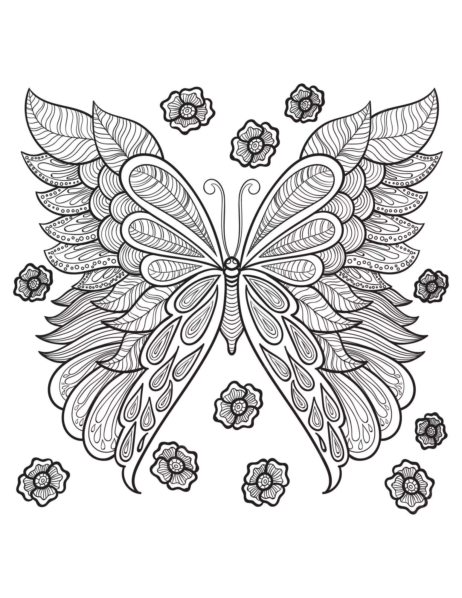 Coloriage Mandala: Papillon avec des fleurs Mandala