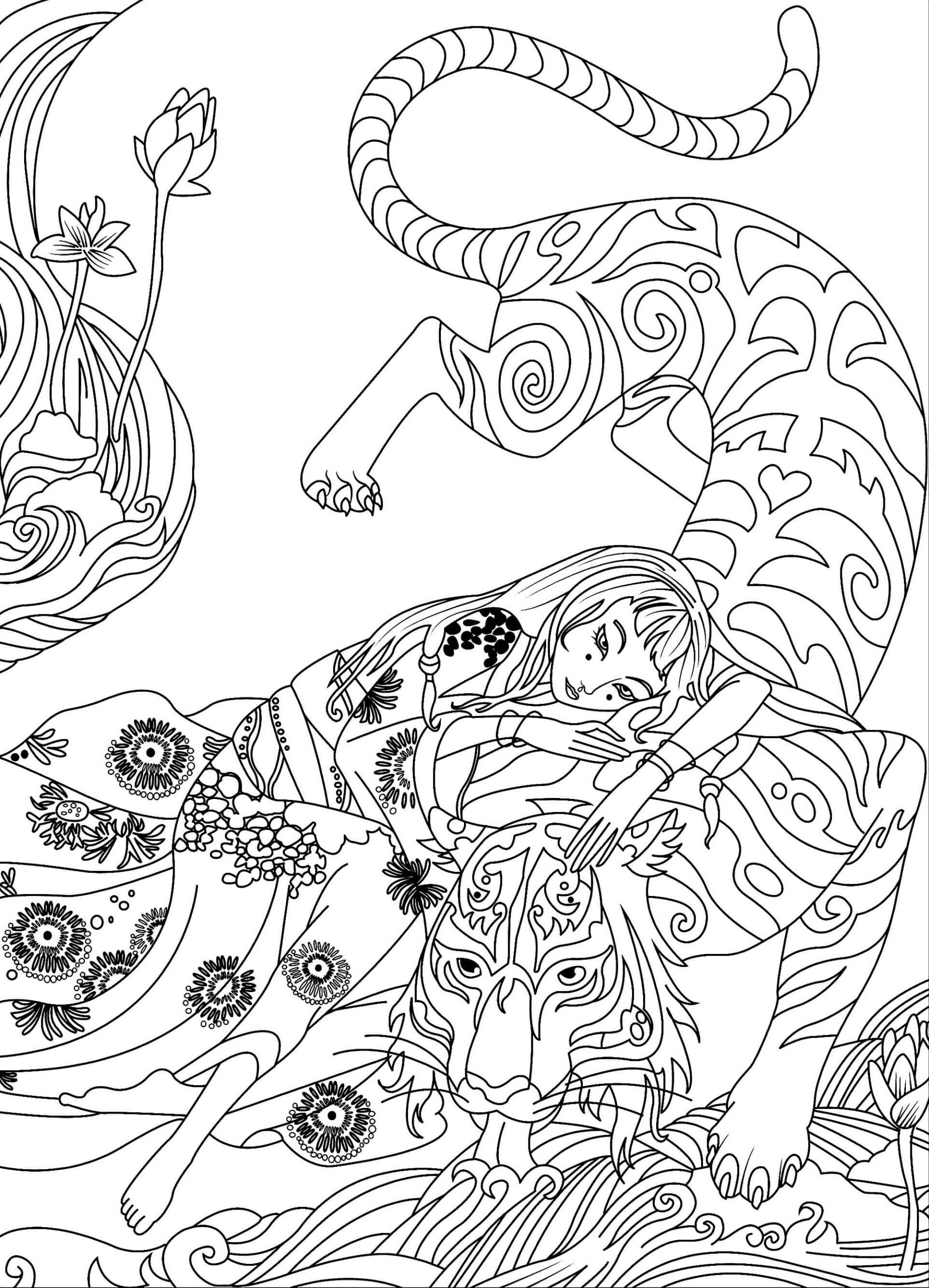 Coloriage Mandala: Tigre et fille Mandala