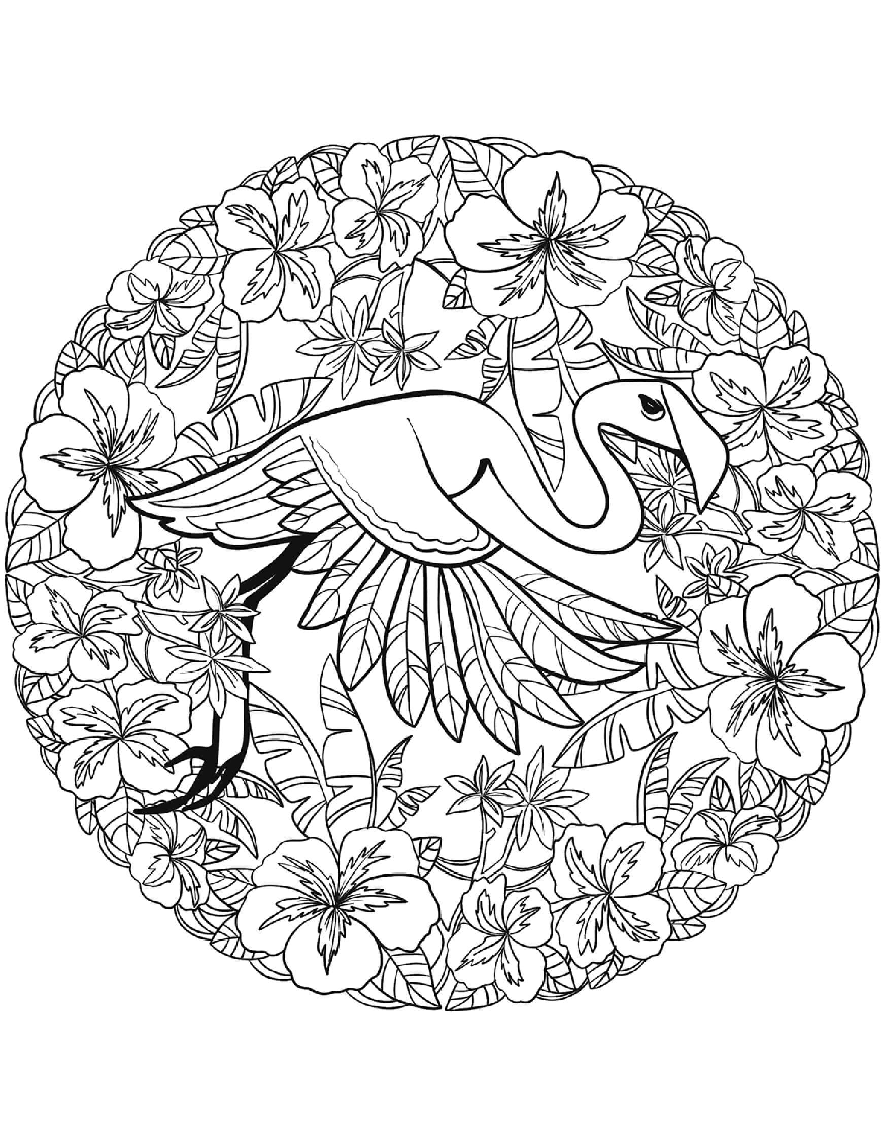 Coloriage Mandala: Flamant rose volant avec des feuilles Mandalas