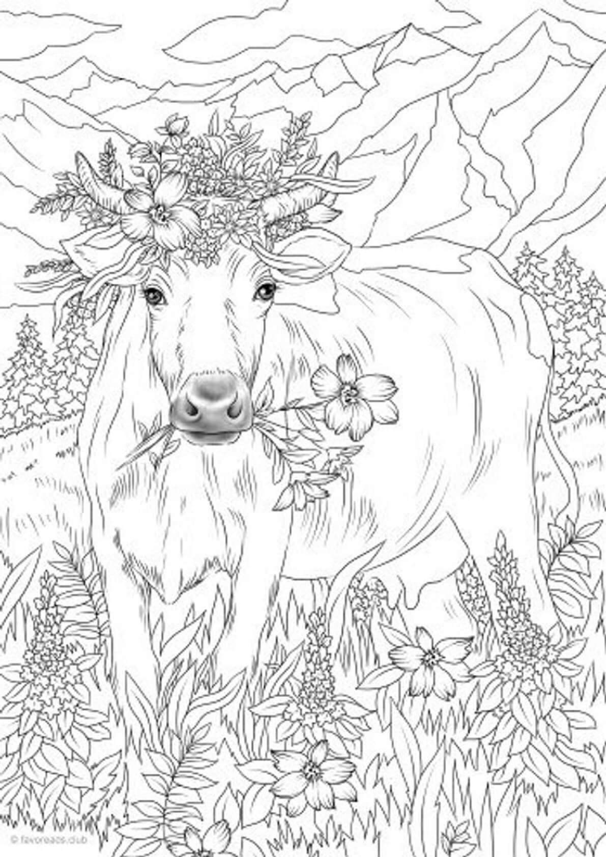 Coloriage Mandala: Vache avec des fleurs et des feuilles Mandalas