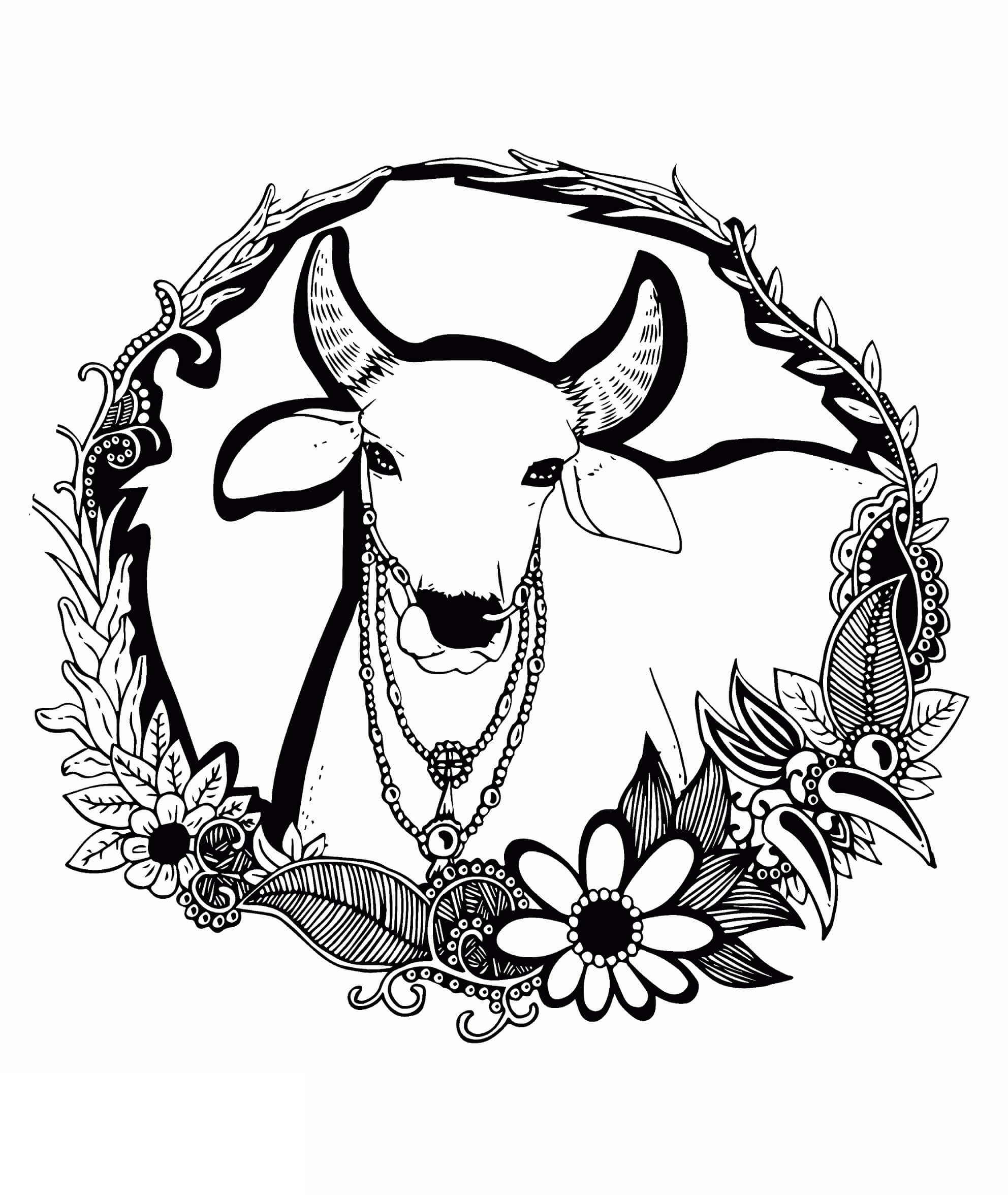 Coloriage Mandala: Vache avec des fleurs Mandalas
