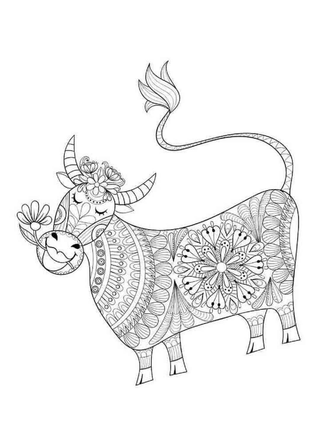 Coloriage Mandala: Vache drôle avec une fleur Mandalas