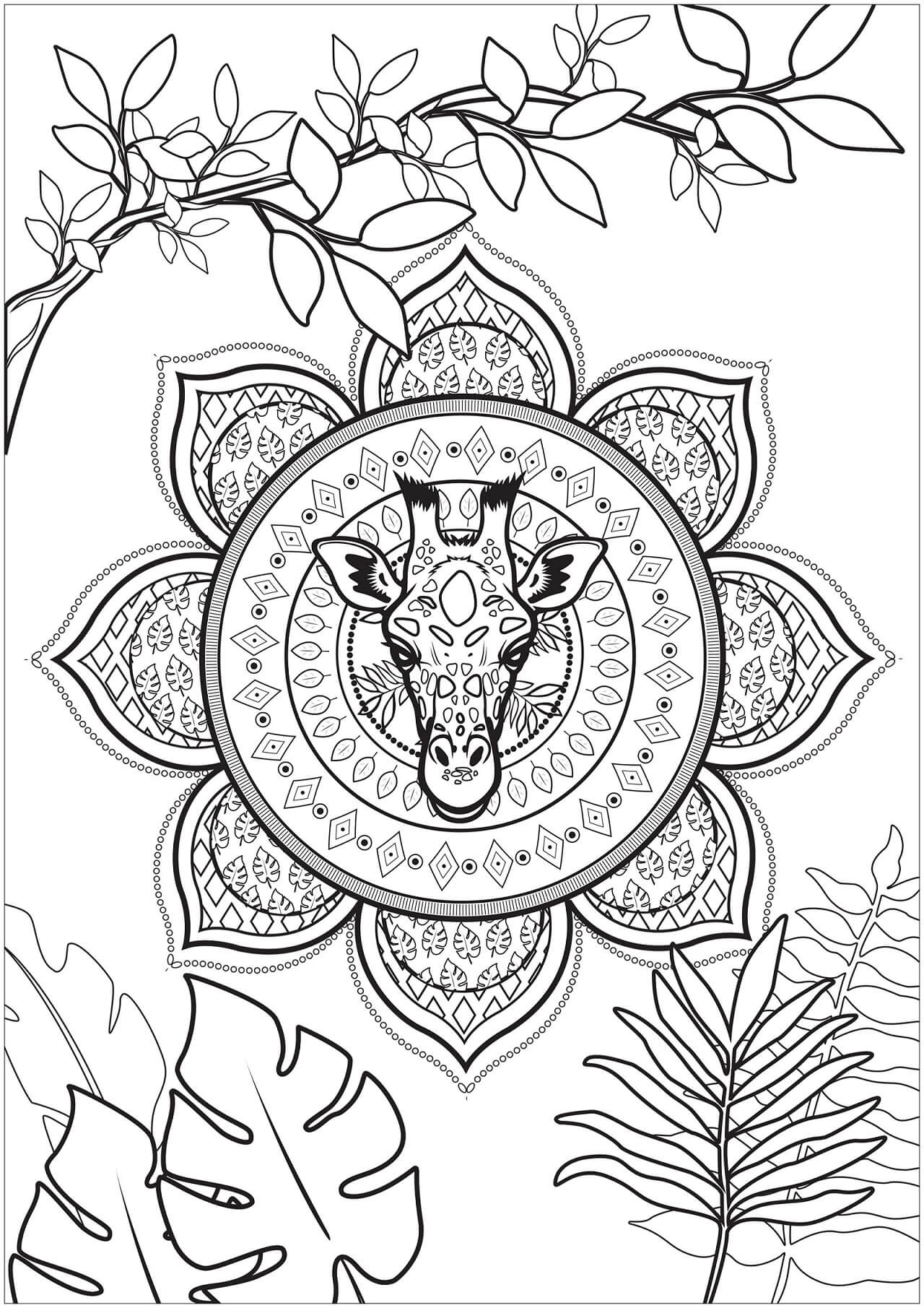 Mandala Giraffe Embedded in a Tropical Coloring Page Mandalas