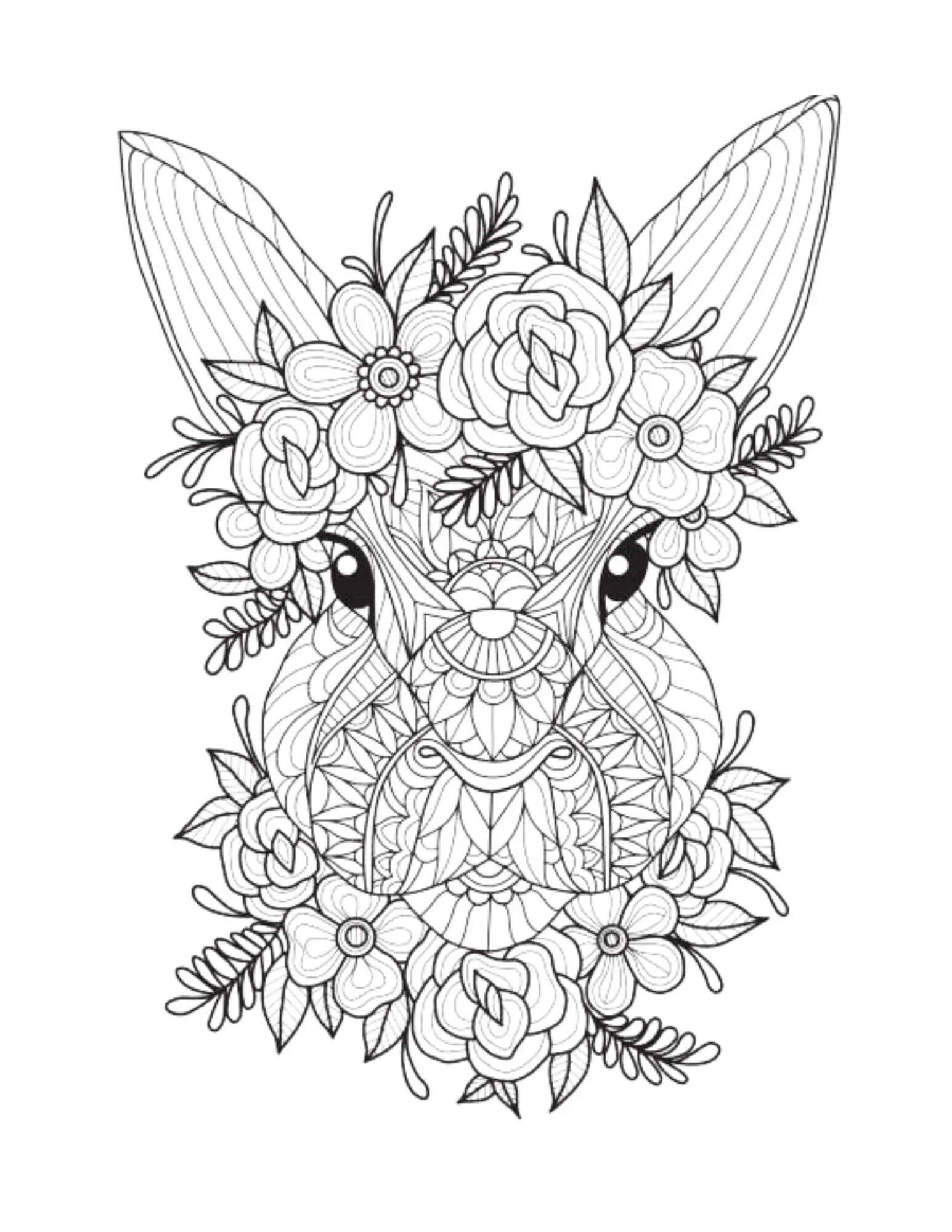Mandala Portrait of Deer With Flowers Coloring Page Mandalas