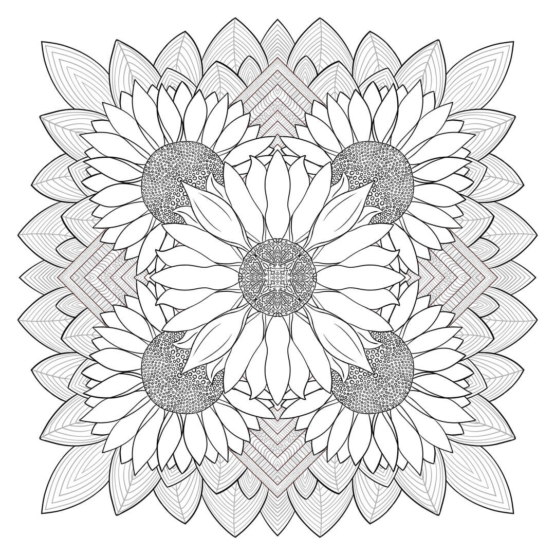 Coloriage Mandala: Cinq tournesols Mandalas