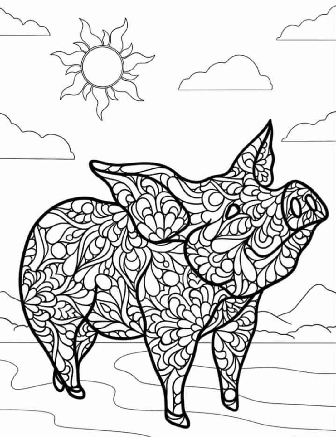 Coloriage Mandala: Cochon avec soleil Mandalas