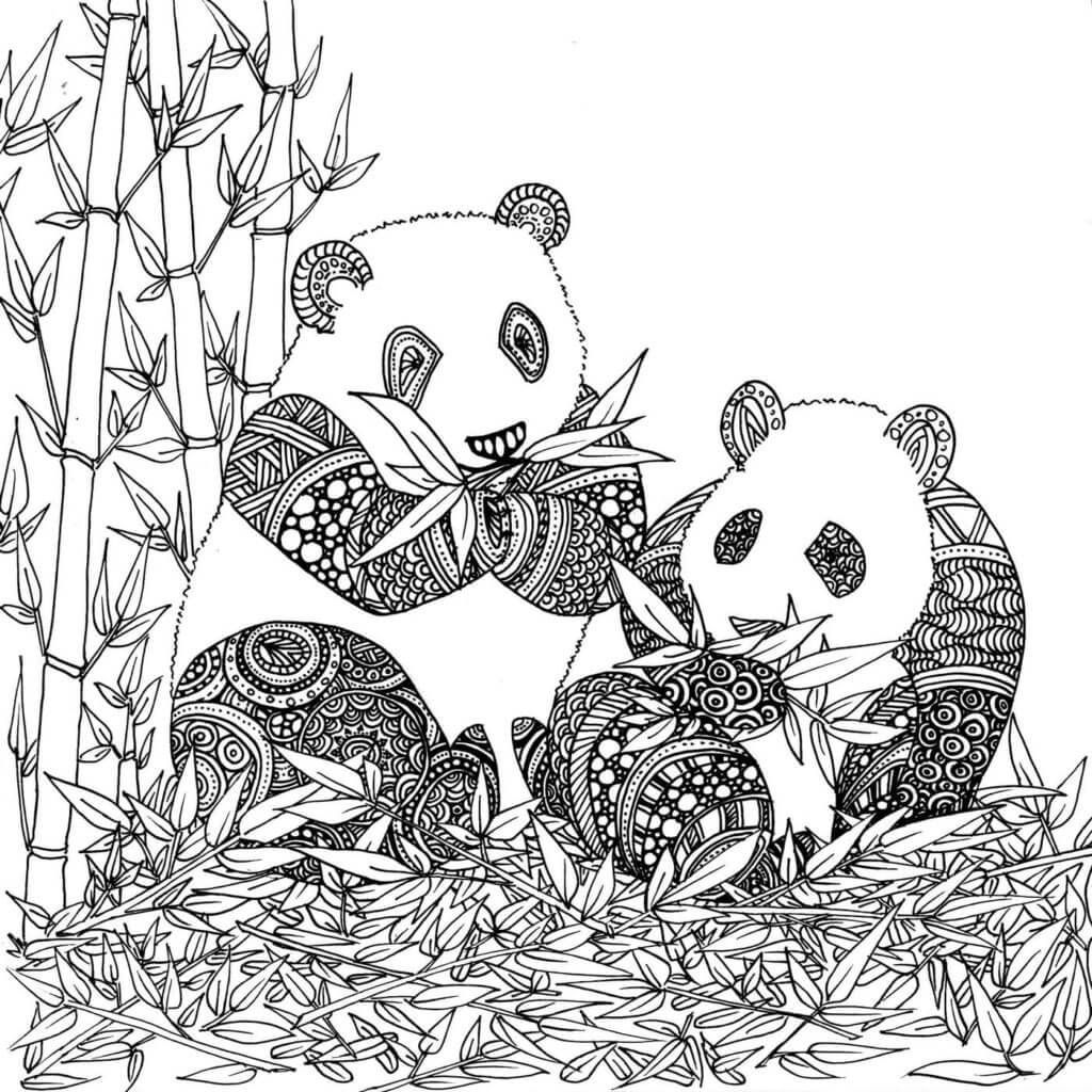 Coloriage Mandala: Deux pandas mangeant un bambou Mandalas