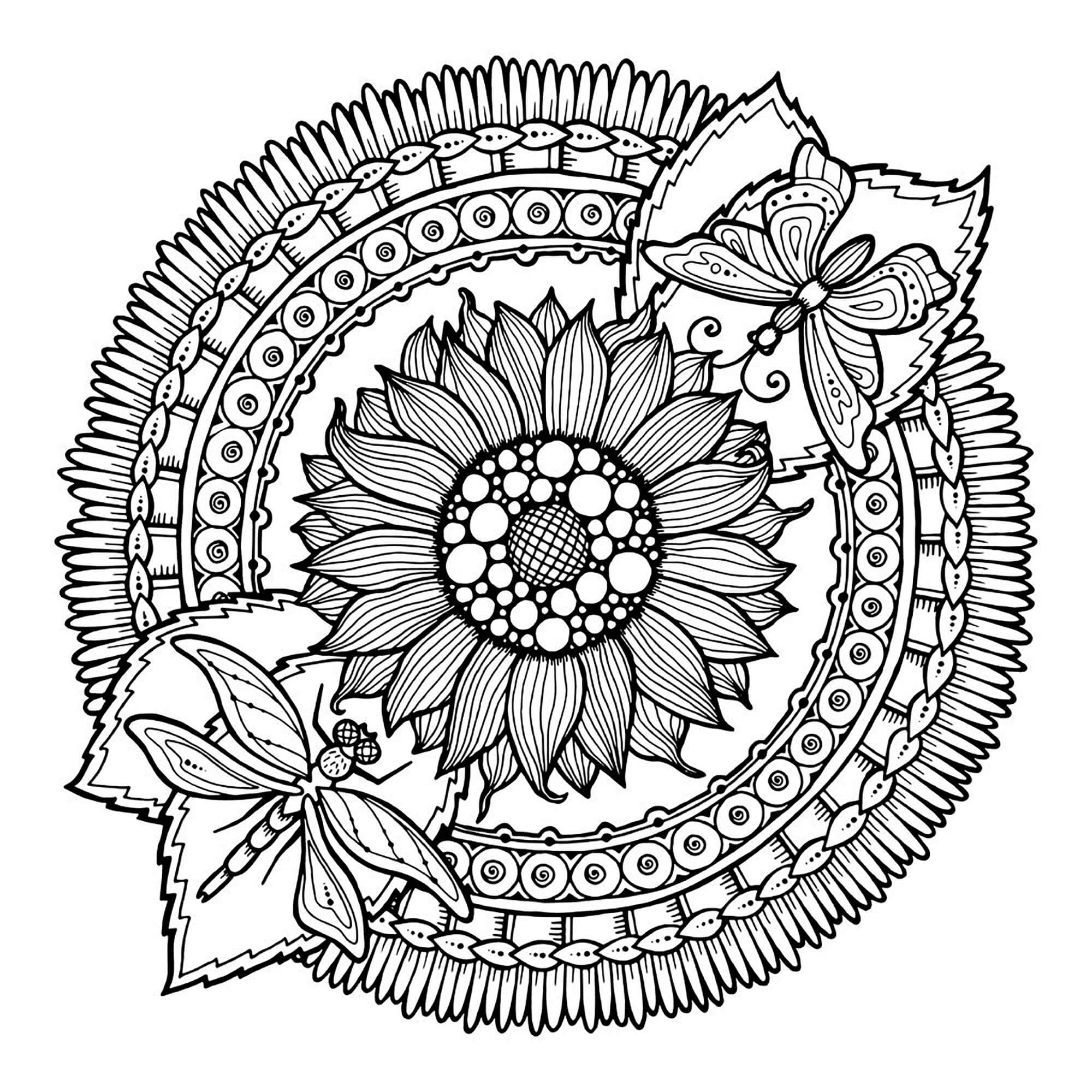 Coloriage Mandala: Deux papillons et un tournesol Mandalas