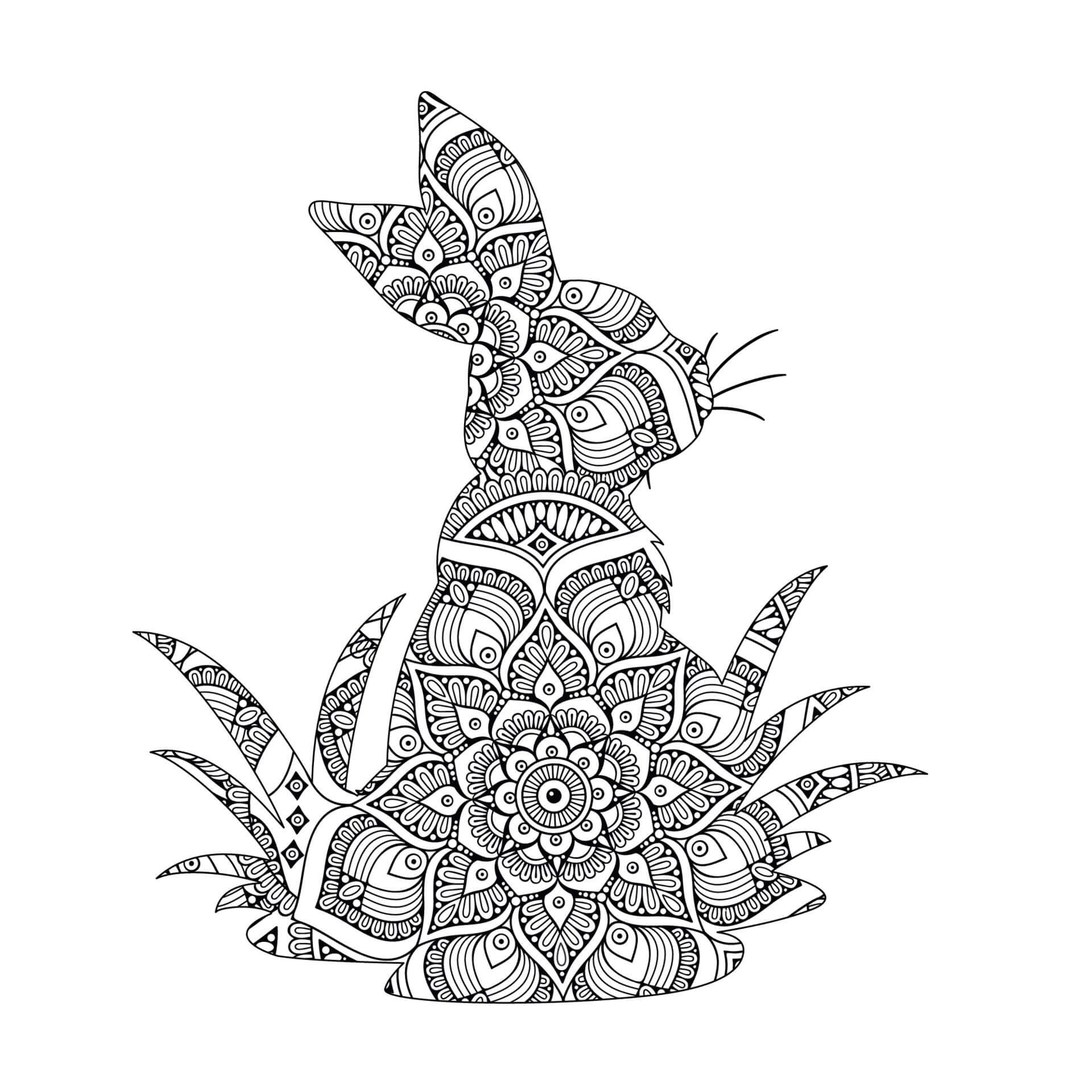 Coloriage Mandala: Lapin assis avec fleur Mandalas