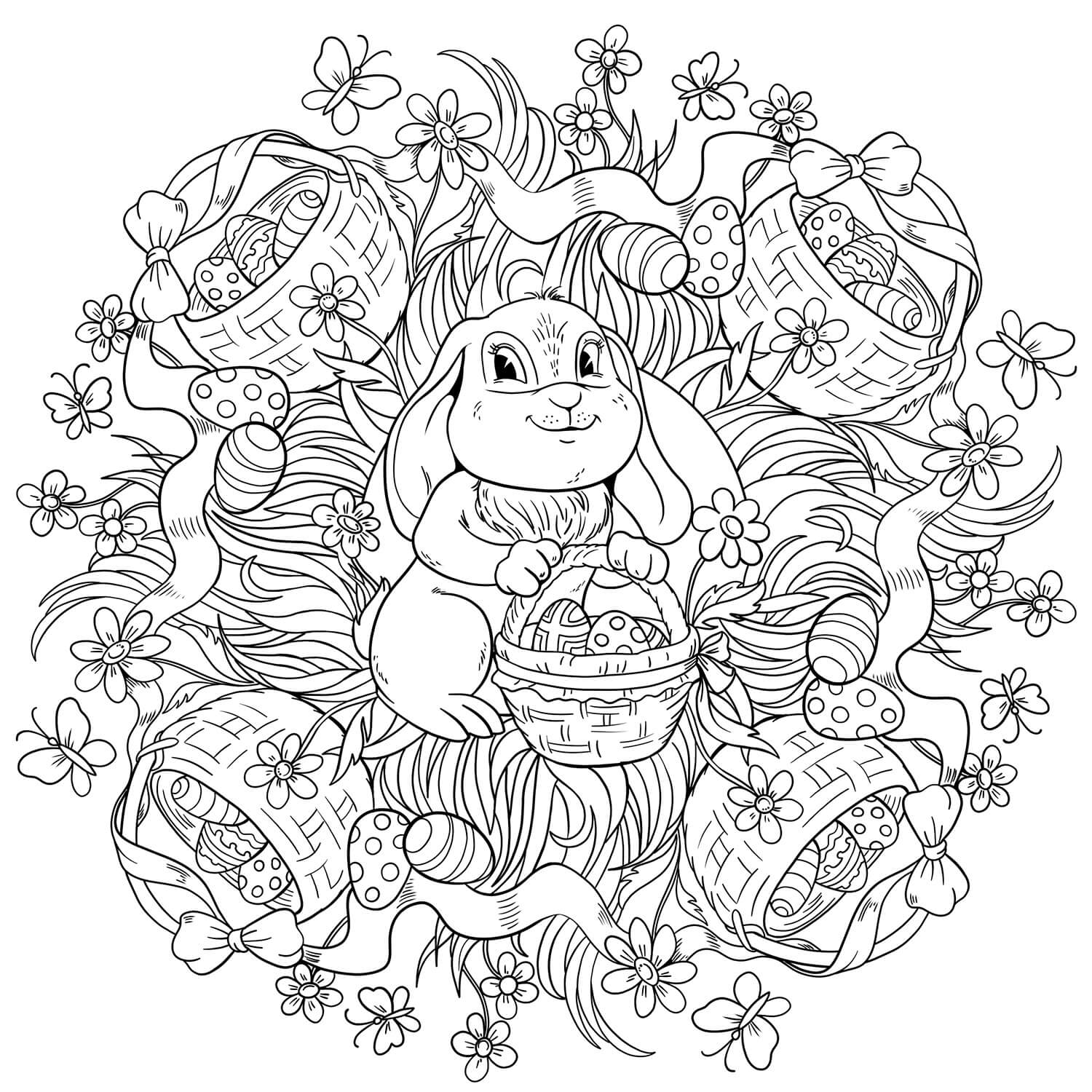 Coloriage Mandala: Lapin et paniers remplis d'œufs Mandalas