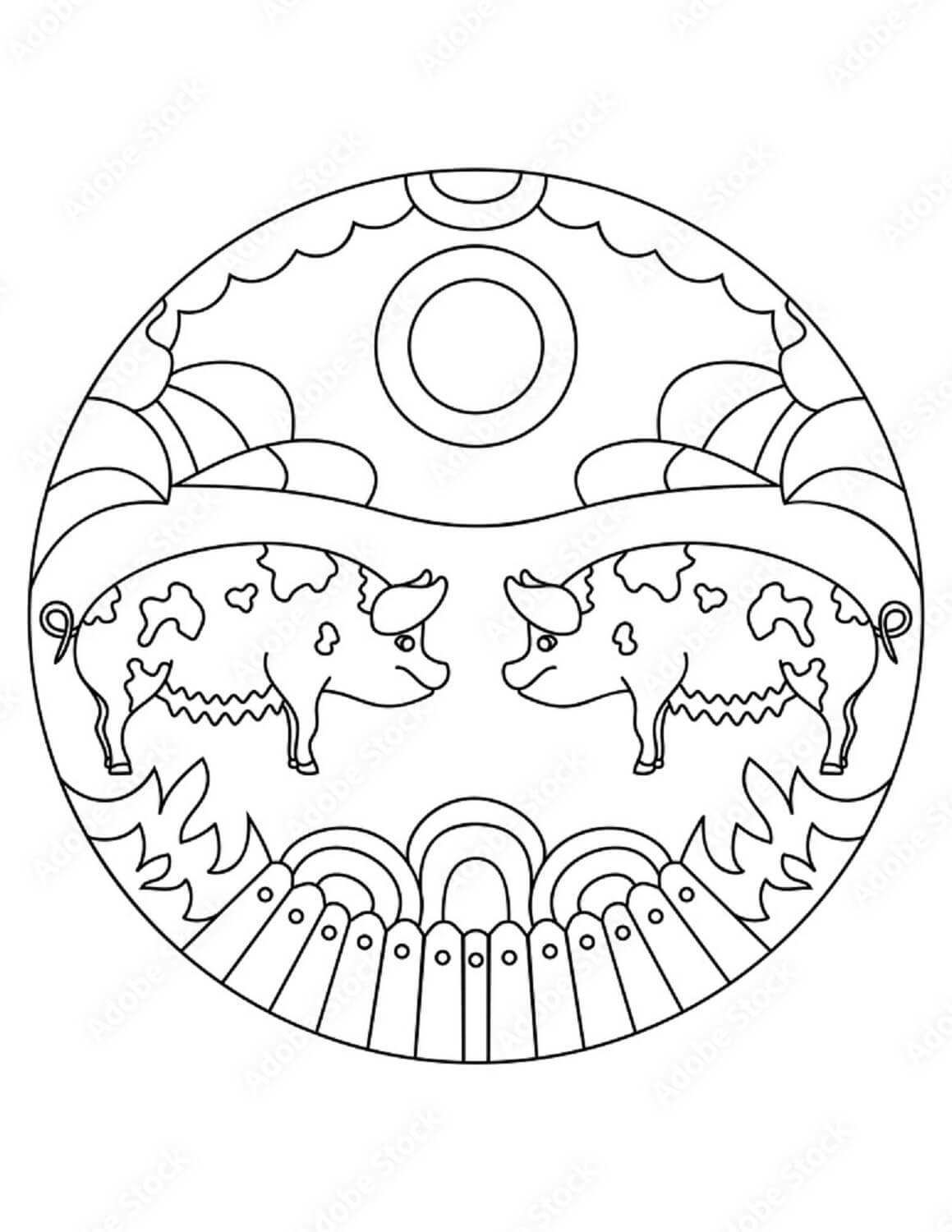 Coloriage Mandala: Modèle avec cochon de ferme Mandalas