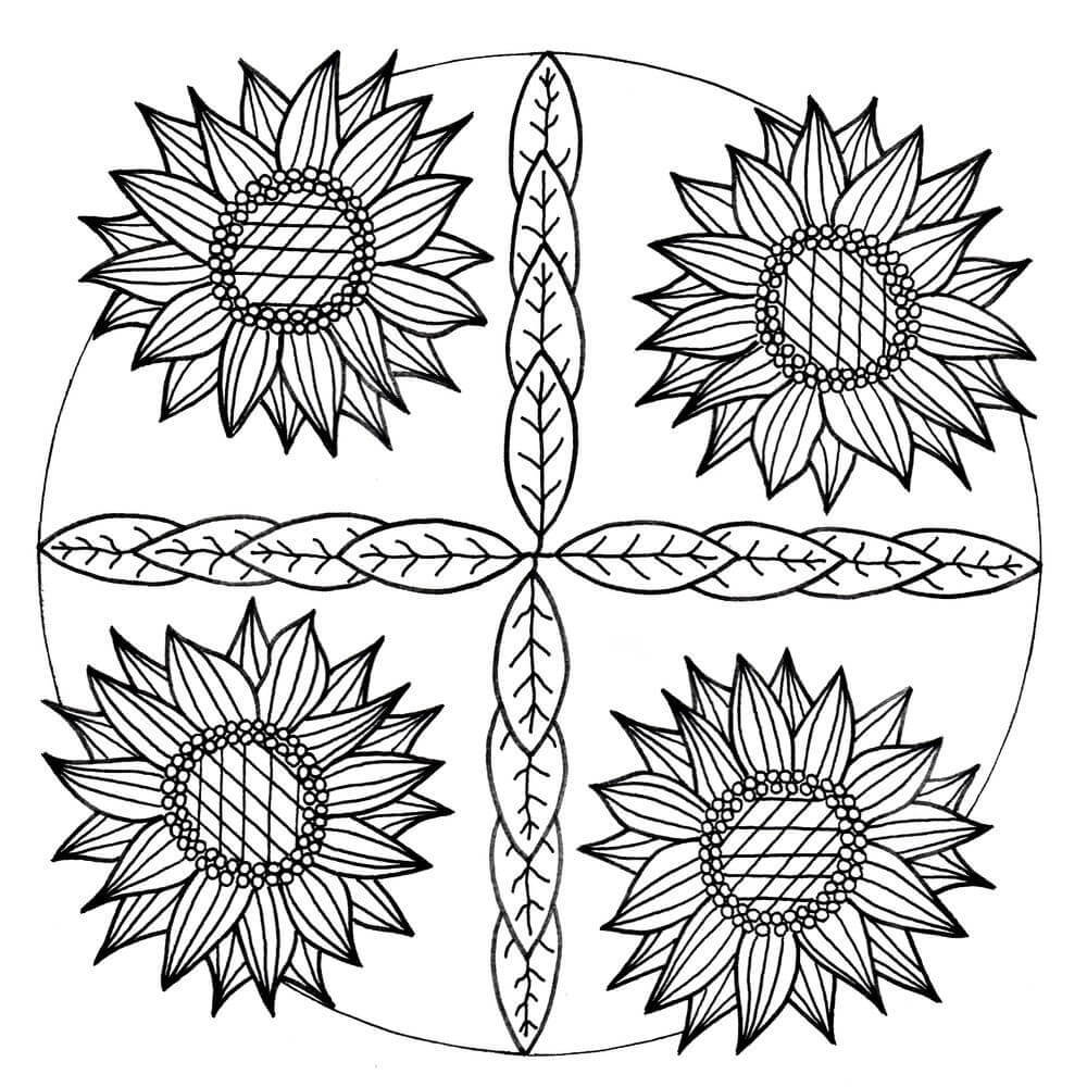 Coloriage Mandala: Quatre tournesols avec des feuilles Mandalas