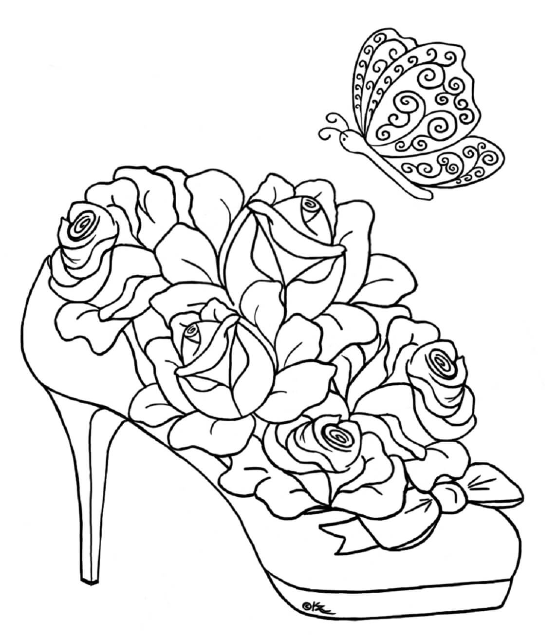 Coloriage Mandala: Roses dans une chaussure avec papillon Mandalas