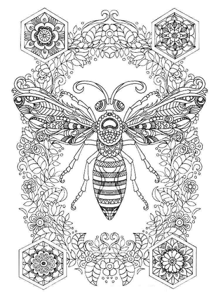 Coloriage Mandala: Abeille avec des fleurs et des feuilles Mandalas
