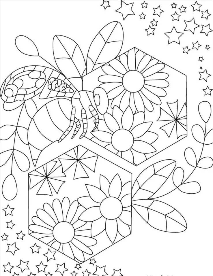 Coloriage Mandala: Abeille avec des fleurs et des étoiles Mandalas