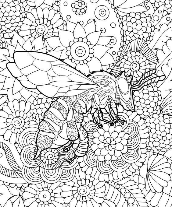 Coloriage Mandala: Abeille volant avec des fleurs Mandalas