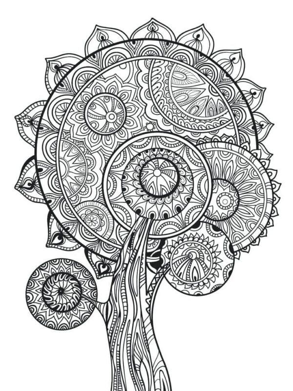 Coloriage Mandala: Arbre d'automne en motif Mandalas
