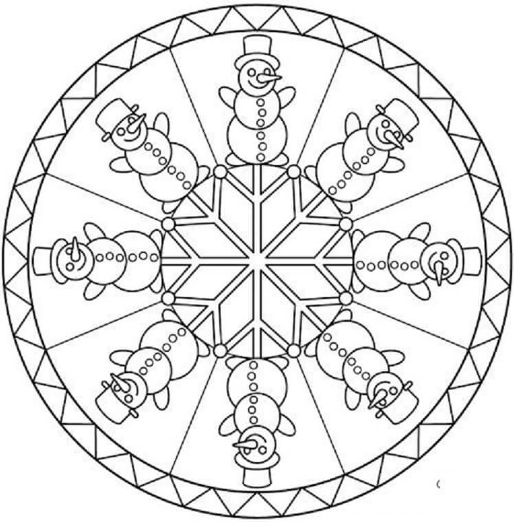 Coloriage Mandala: Bonhommes de neige en hiver Mandalas