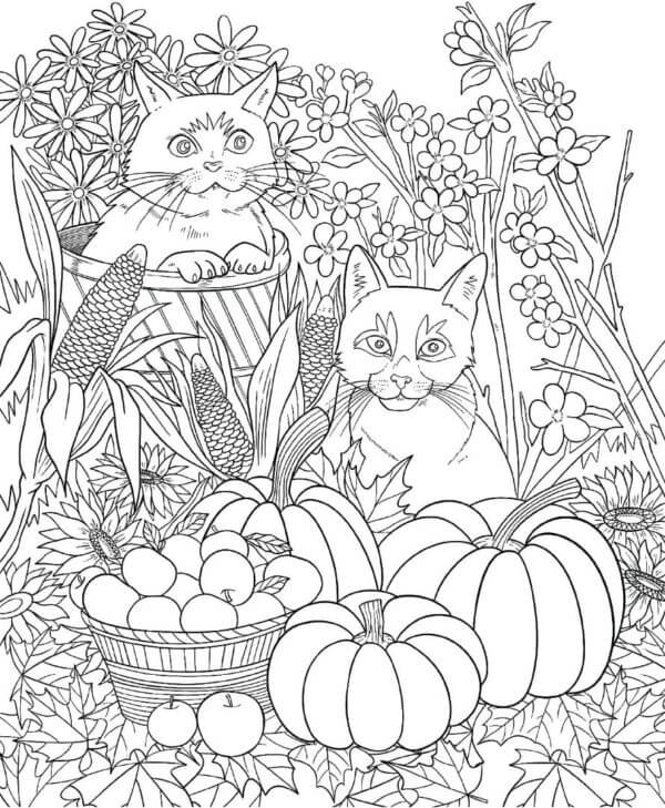 Coloriage Mandala: Chats avec des fruits en automne Mandalas