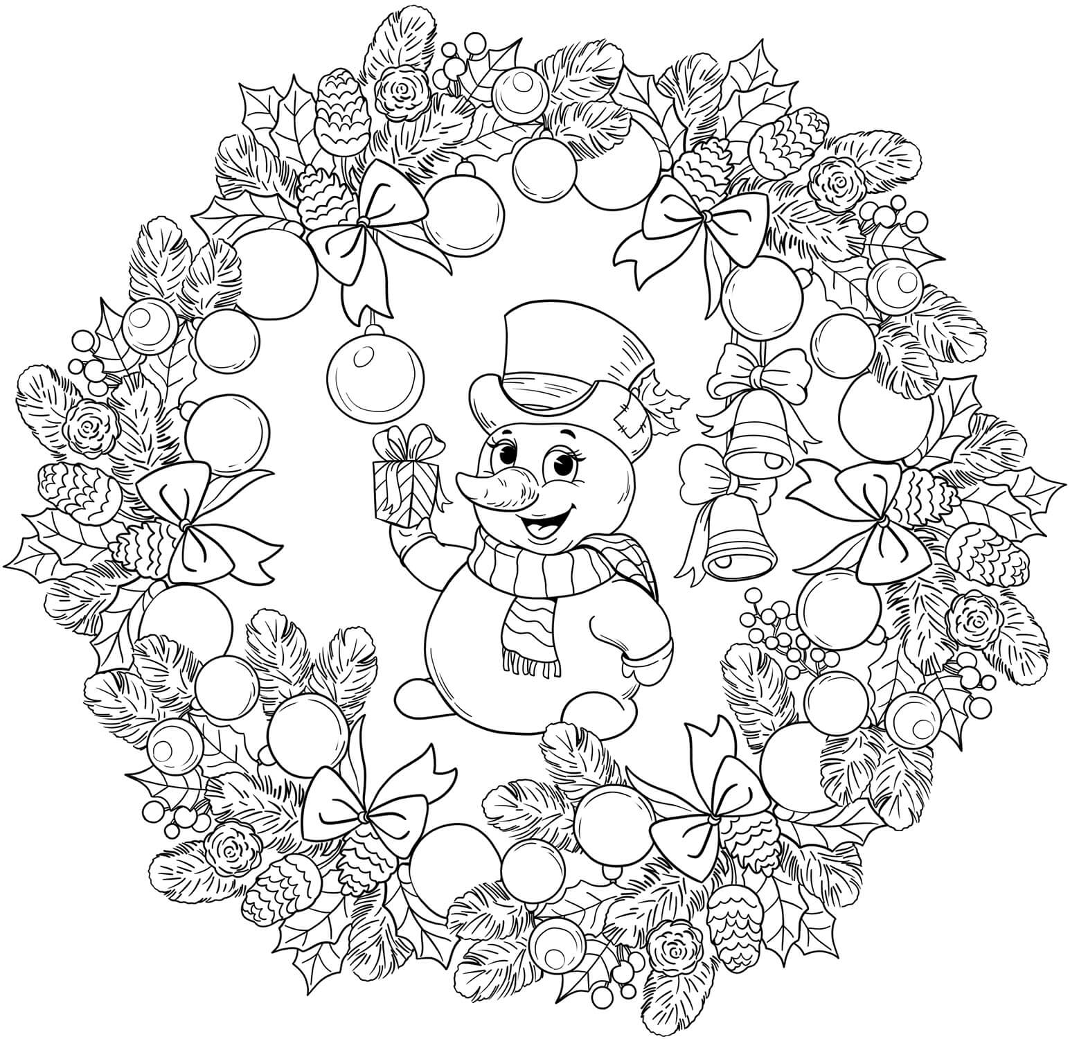 Coloriage Mandala: Décoration de Noël et bonhomme de neige mignon Mandalas