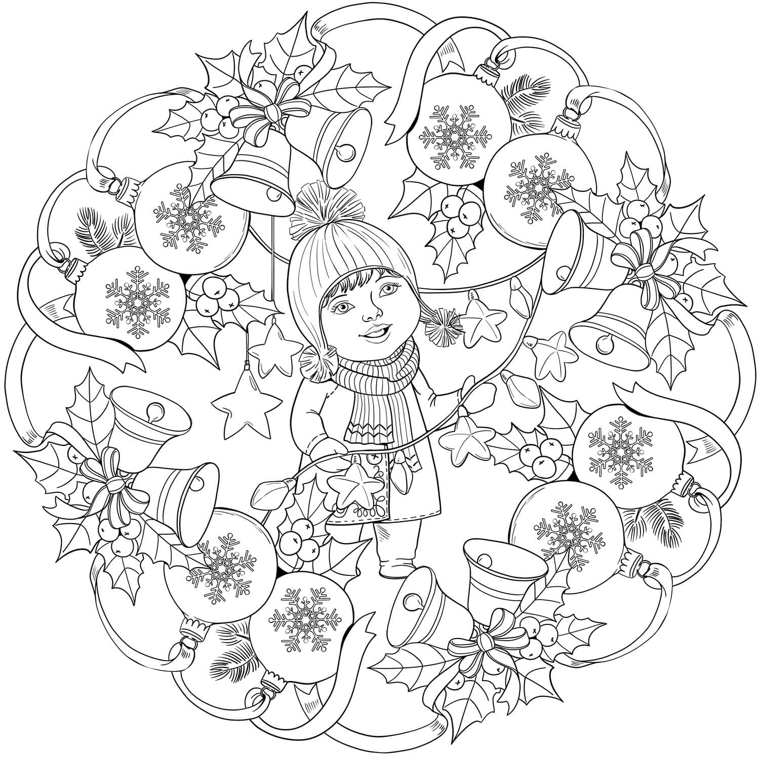 Coloriage Mandala: Décorations de Noël, cloches et une petite fille Mandalas