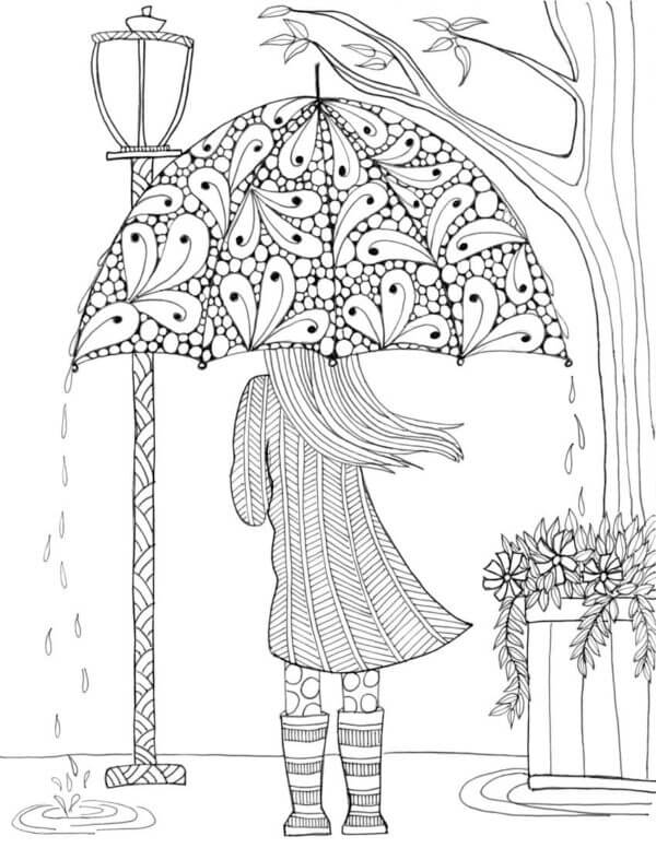 Coloriage Mandala: Fille avec un parapluie en automne Mandalas