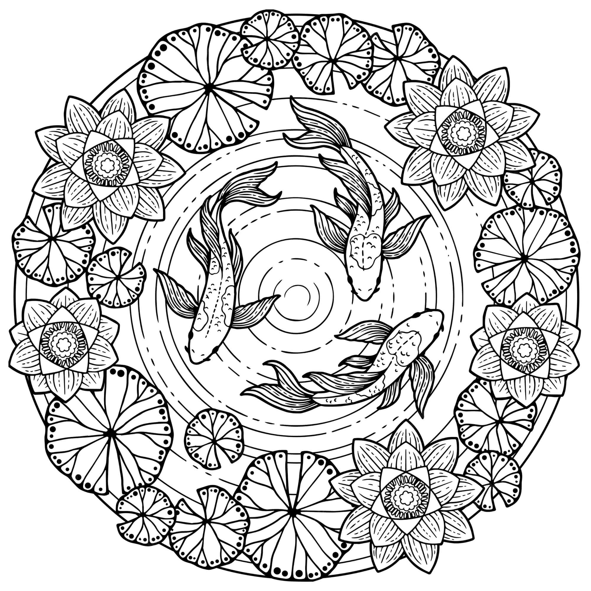 Coloriage Mandala: Fleurs et poissons en été Mandalas