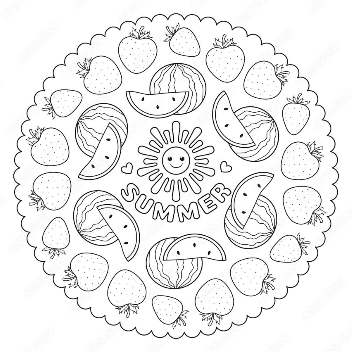 Coloriage Mandala: Fruits d'été Feuille 4 Mandalas