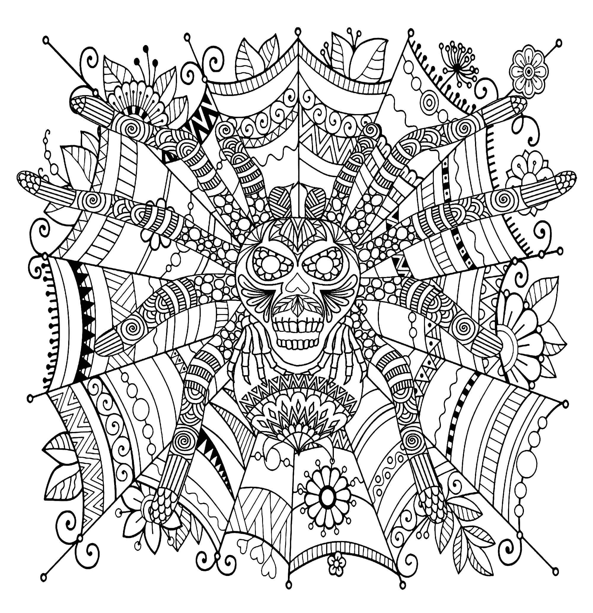 Coloriage Mandala: Grosse araignée avec fleur et feuilles Mandalas