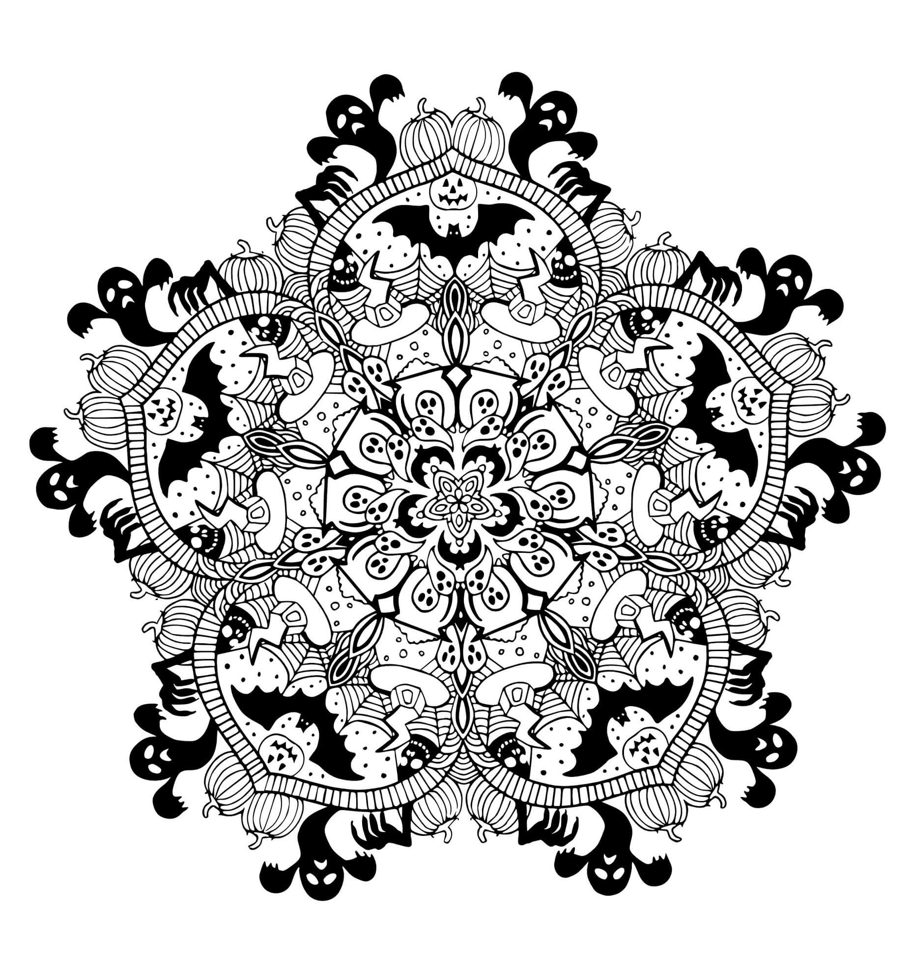 Coloriage Mandala: Halloween Feuille 5 Mandalas