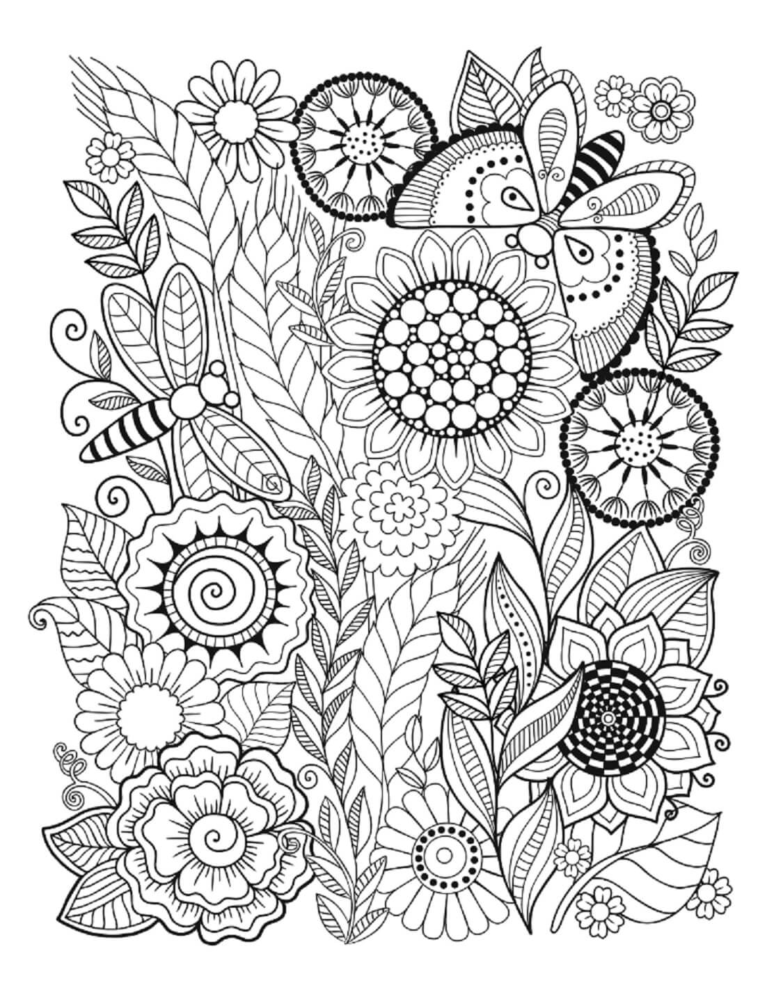 Coloriage Mandala: Insectes avec fleurs et feuilles en été Mandalas