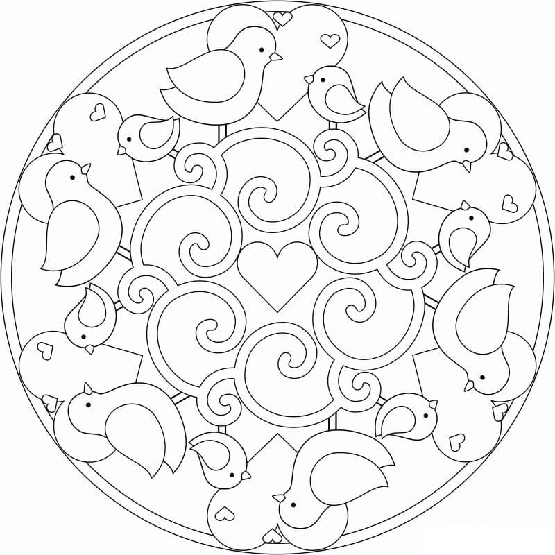 Coloriage Mandala: Les oiseaux au printemps Feuille 1 Mandalas