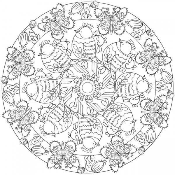 Coloriage Mandala: Les oiseaux au printemps Feuille 2 Mandalas