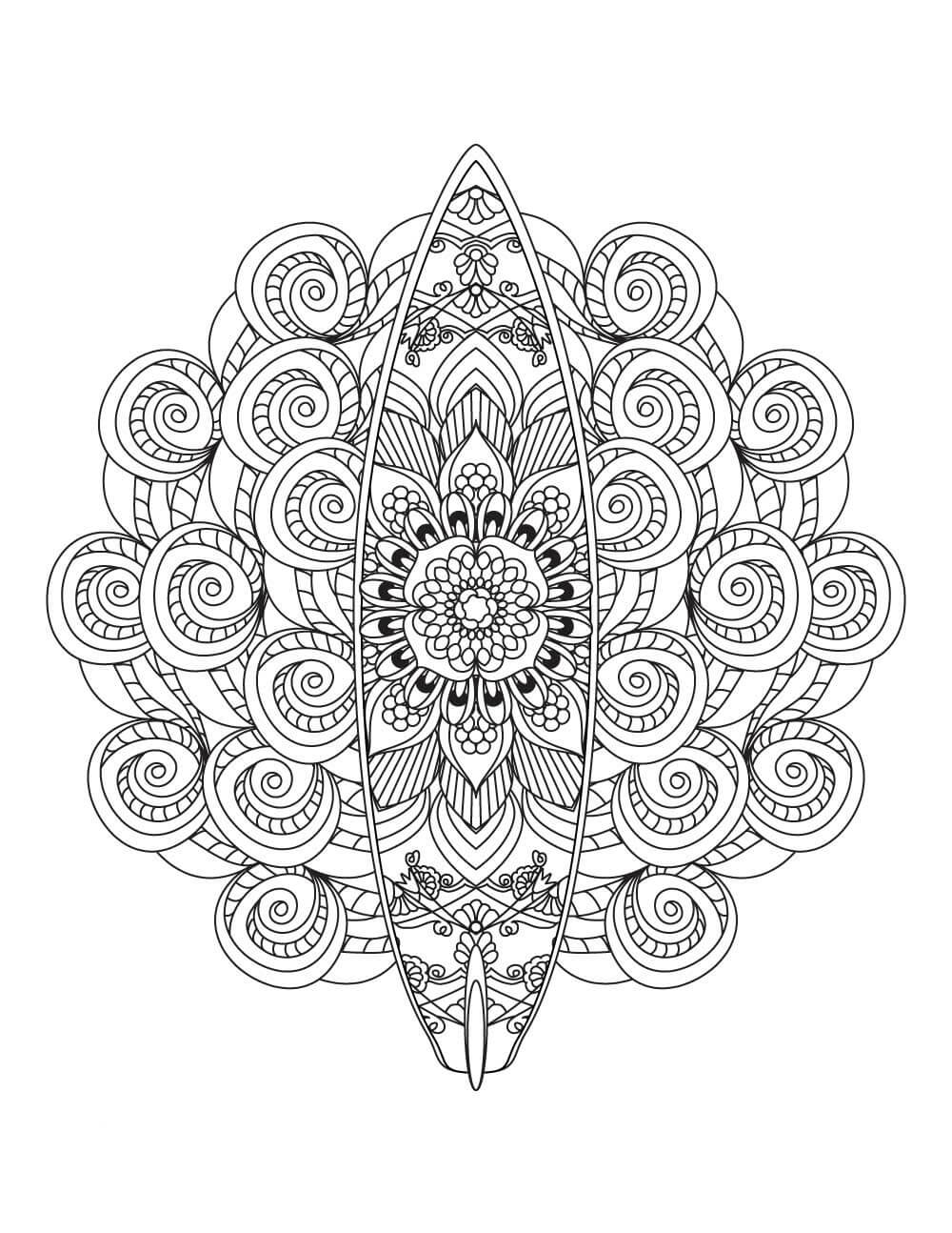 Coloriage Mandala: Planche de surf d'été à la plage Mandalas