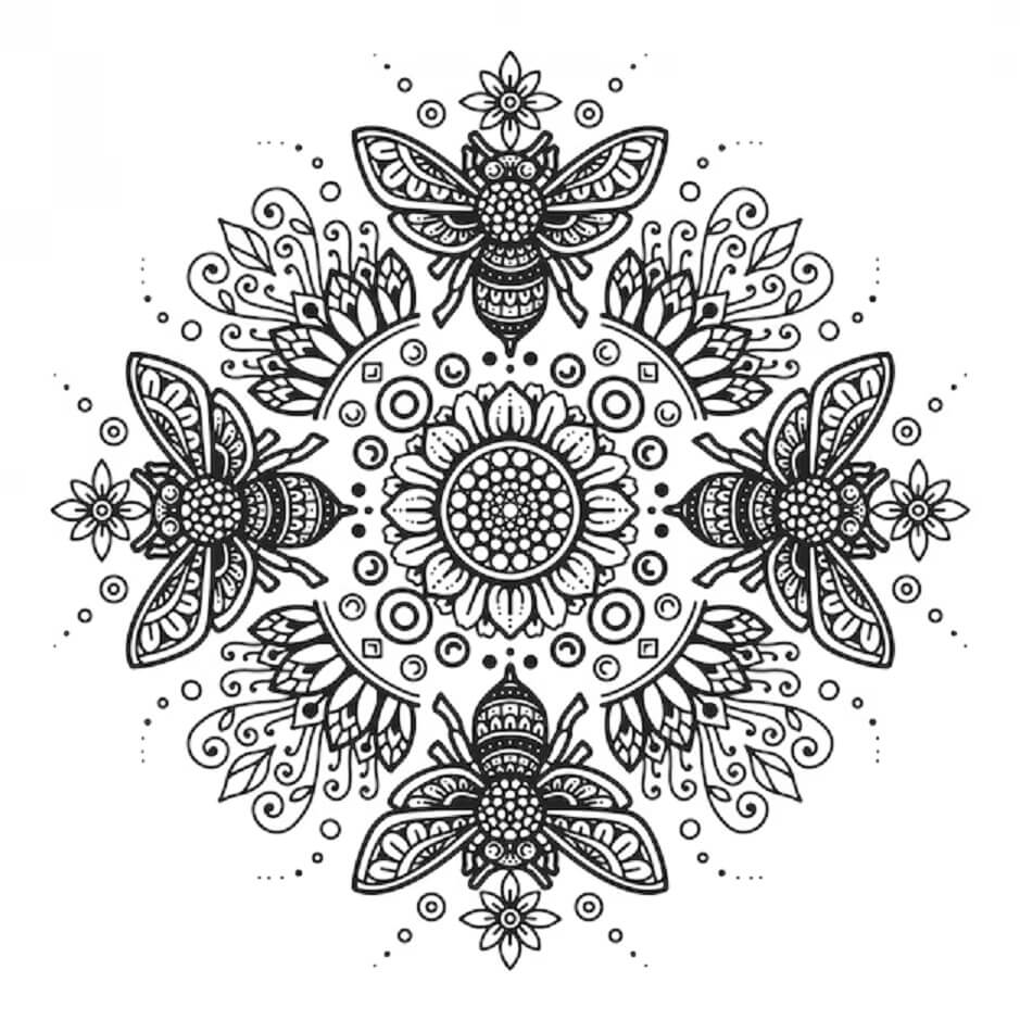 Coloriage Mandala: Quatre abeilles Mandalas