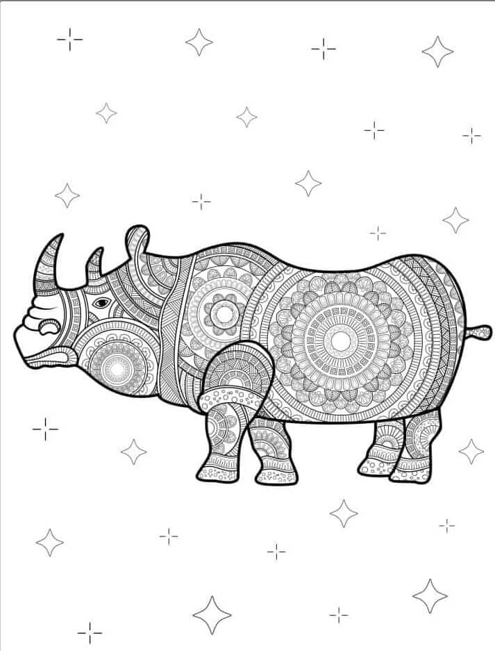 Coloriage Mandala: Rhinocéros avec des étoiles Mandalas