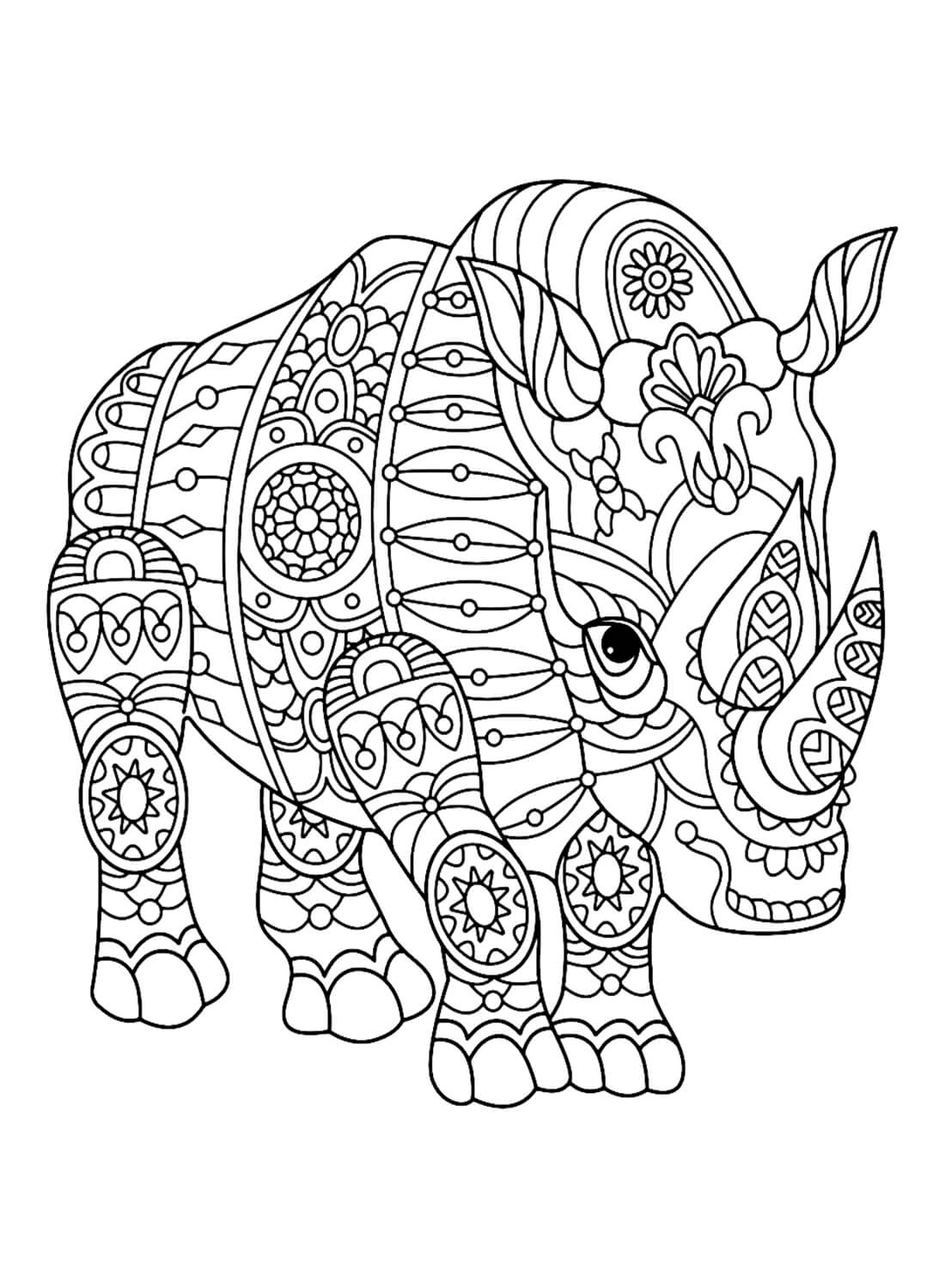 Coloriage Mandala: Rhinocéros Feuille 3 Mandalas