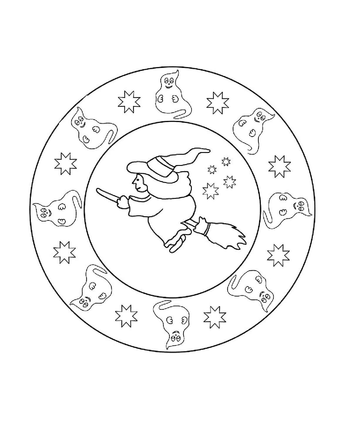 Coloriage Mandala: Sorcière avec des fantômes Halloween Mandalas